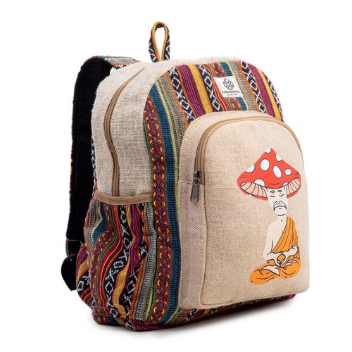Mushroom Head Hemp Backpack Bag - Eco Friendly Hippie Yak Design Durable Functional Traveling Hiking Friendly Casual Daypack Bag by Freakmandu