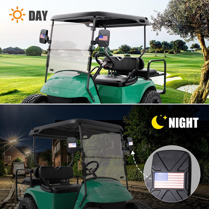 10L0L No-Drilling Golf Cart Side Mirrors - Universal Fit for Yamaha/Club Car/EZGO, 180° Foldable Shatterproof Glass with Anti-Fog & Reflective Stickers