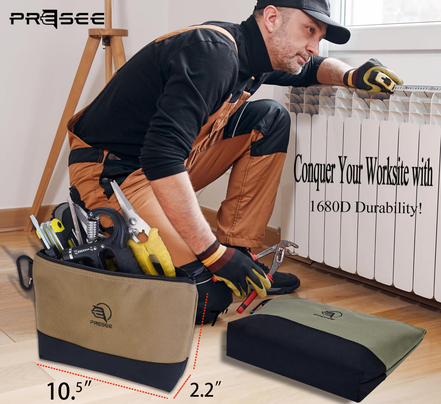 Tool Pouch Zipper Small Tool Pouches Organizer Bag with Metal Carabiner, Nylon 1680D Heavy Duty for Wrenches, Screwdrivers, Pliers, Pack of 2, Green Khaki, 10.5 Inch