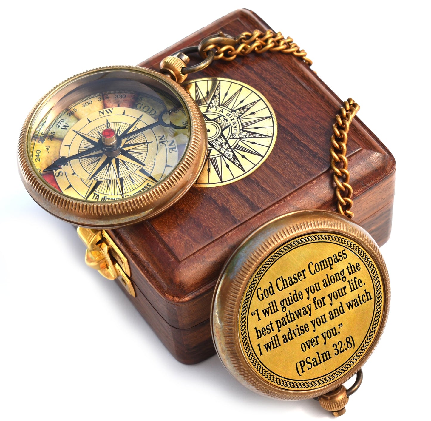 Christian Brass Compass (Psalm 32:8) with Display Box - Engraved Scripture Prayer Compass for Men & Women - Baptism, Confirmation, Communion & Graduation Gift