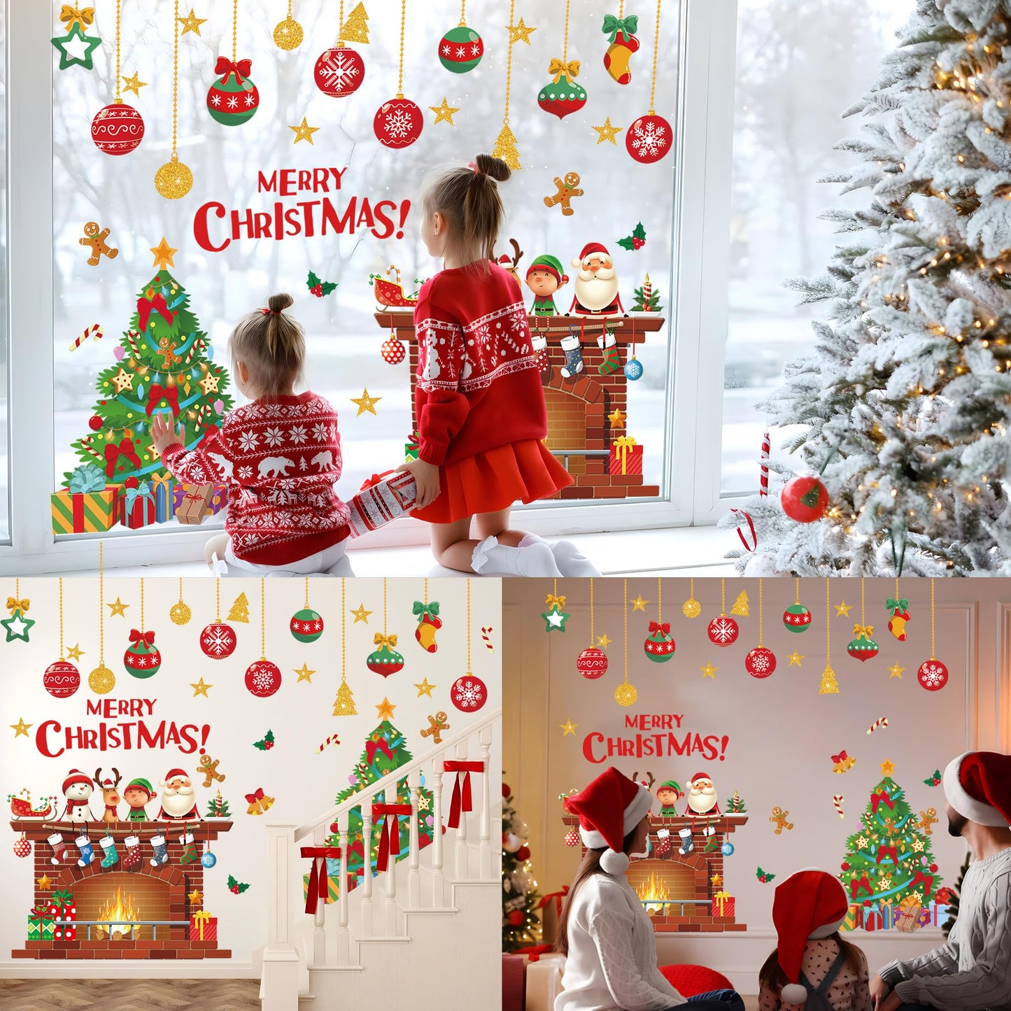 Christmas Wall Decals Christmas Tree Wall Stickers Xmas Ball Fireplace Decals Stickers Removable Merry Christmas Wall Decorations for Xmas Party Bedroom Living Room Office Home Decor, 4 Sheets