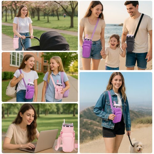 &And Per Se Neoprene Water Bottle Carrier Bag for Stanley 40oz Tumbler, Crossbody Sling with Phone Pocket & Detachable Strap, Adjustable Shoulder Holder Pouch with Charm, for Gym Travel(Black)