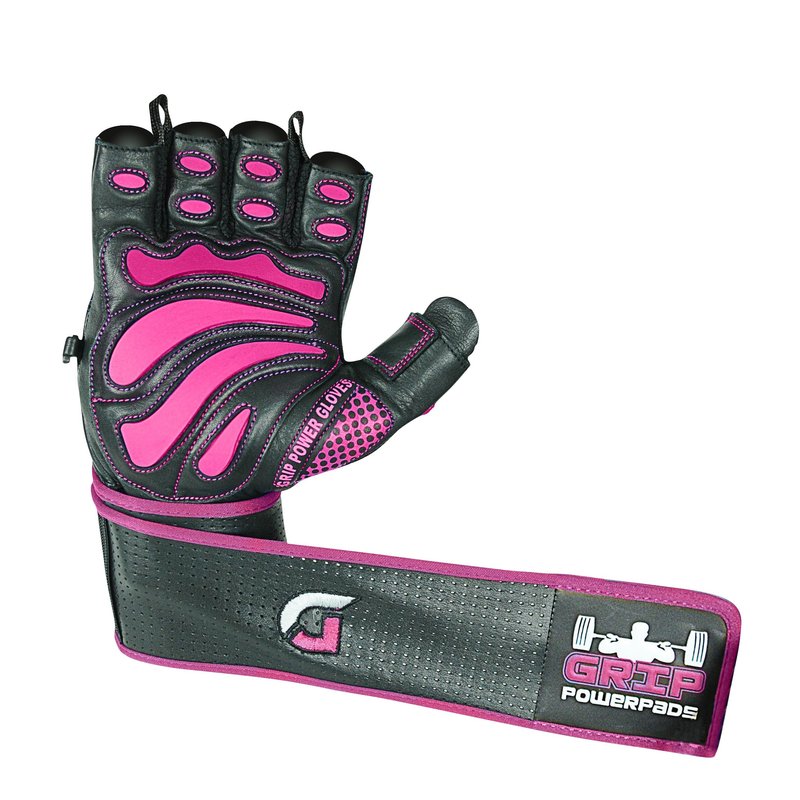 Grip Power Pads Women's Elite Leather Gym Gloves, 2" Wrist Wraps, Pink Fitness, Workout Training Gloves (Pink, Medium)