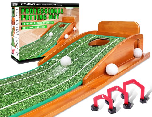 CHAMPKEY Premium Wooden Golf Putting Mat with 3 Golf Putting Gates - Realistic Putting Surface Simulates Real Golf Putting Green - Improve Putting Accuracy and Challenge