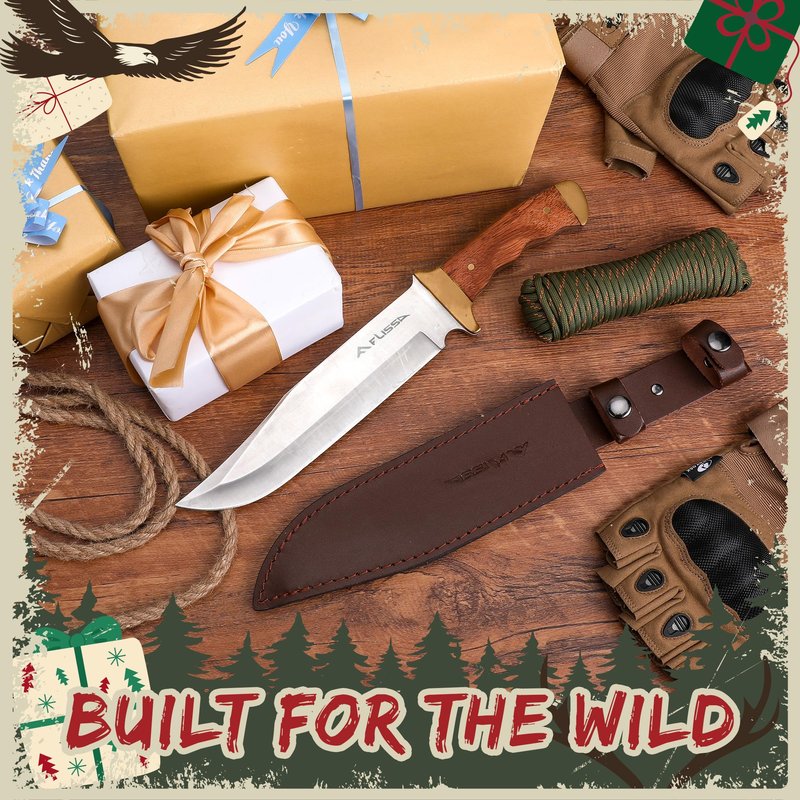 FLISSA 14-inch Bowie Full-tang Fixed Blade Knife with Wood Handle, Hunting Knife with Leather Sheath for Outdoor Survival, Camping, Hiking