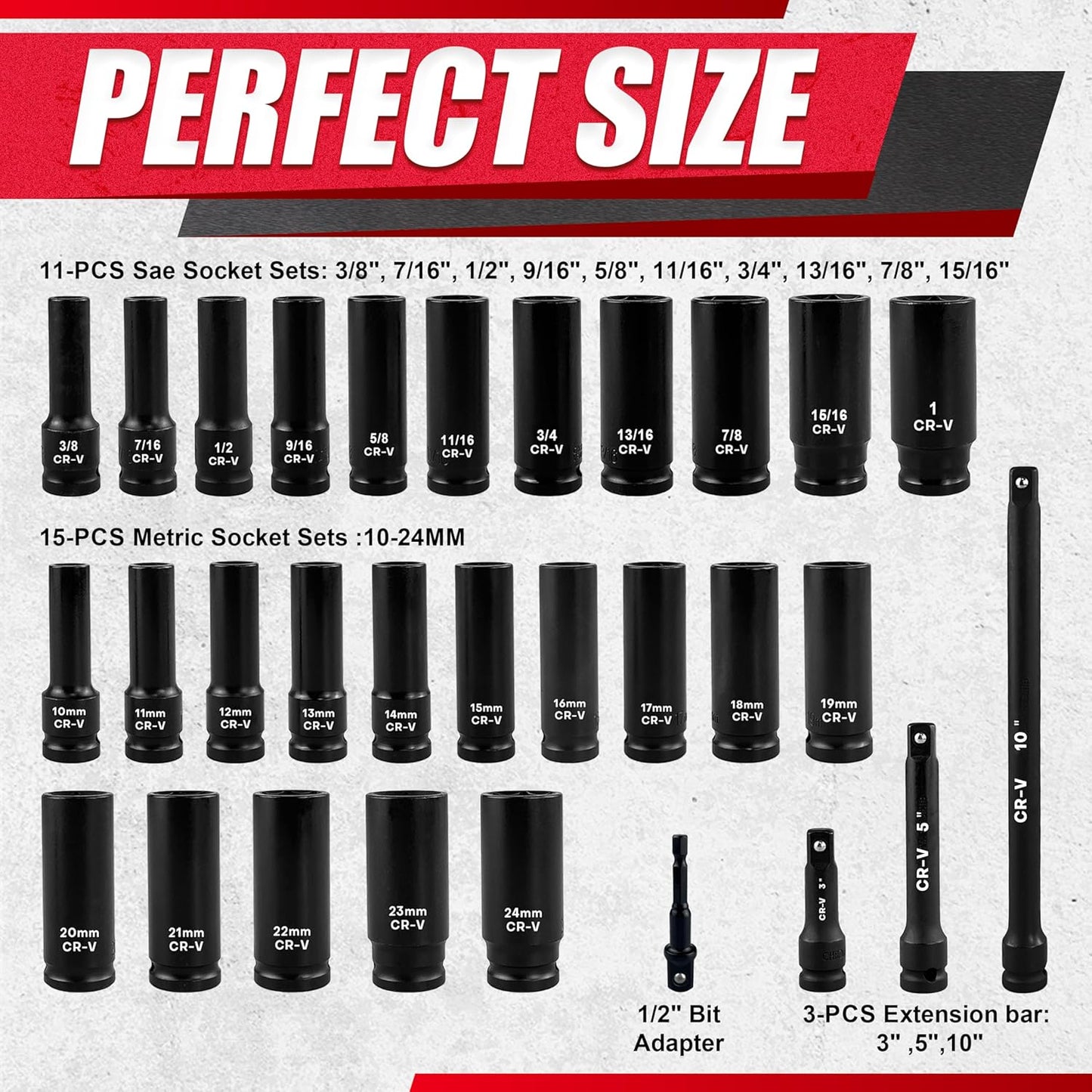 29-Piece Deep Impact Socket Set with Extensions | SAE & Metric Cr-V Steel