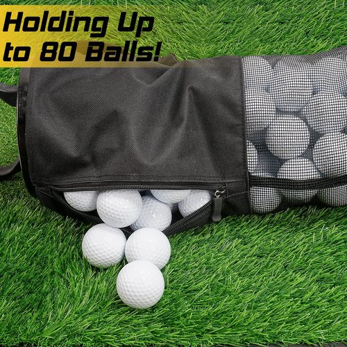 Kamitty Shag Bag for Golf Balls, Golf Ball Retriever with Detachable Aluminum Alloy Tube, Father's Day Gift Golf Shag Bags with Pocket & Tee Holder, Hold up to 80 Balls
