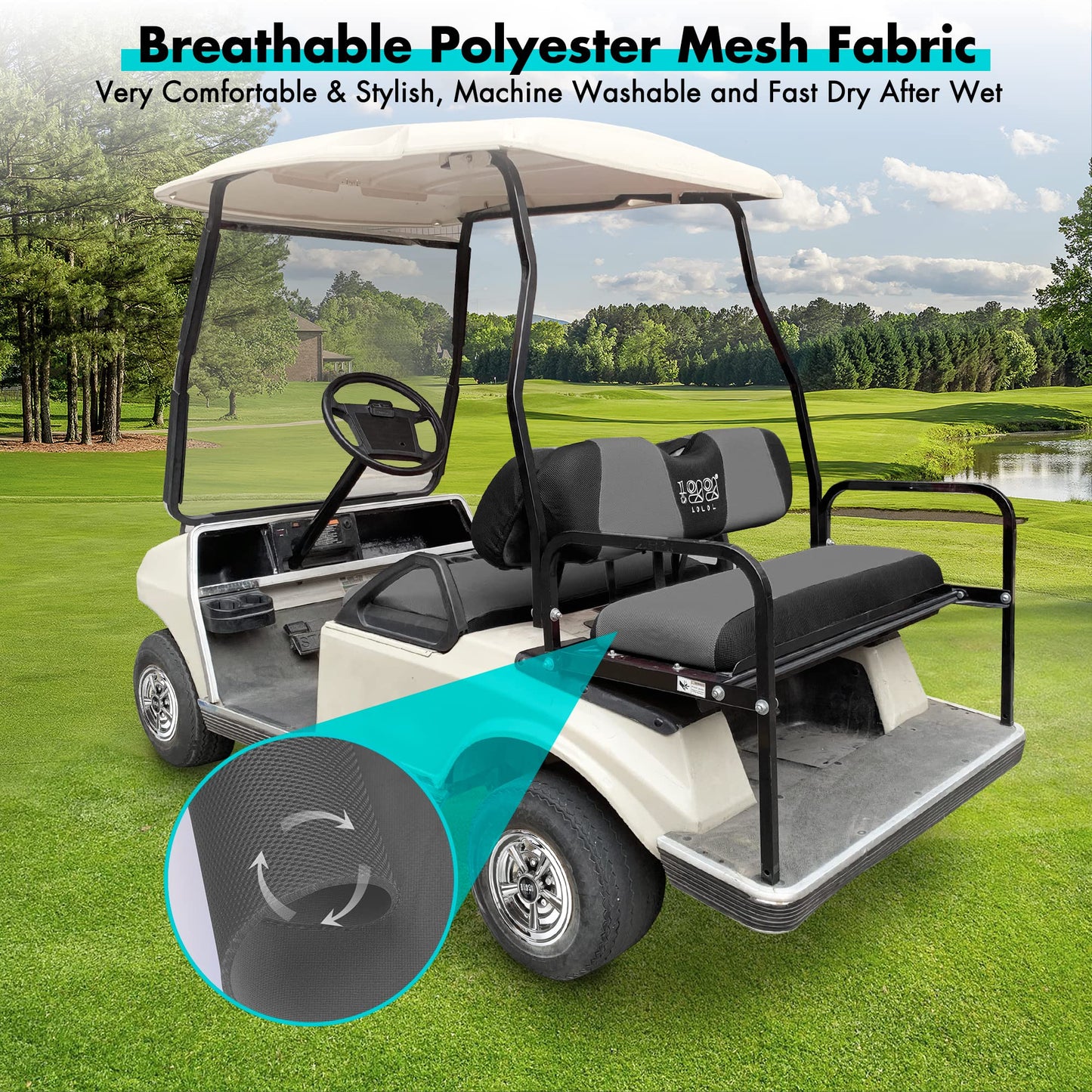 10L0L Golf Cart Front and Rear Seat Cover Set for EZGO TXT RXV 4 Passenger Models Bench Seat Covers Kit Breathable Washable Polyester Mesh Cloth Gray Black Beige Red (S+XS)