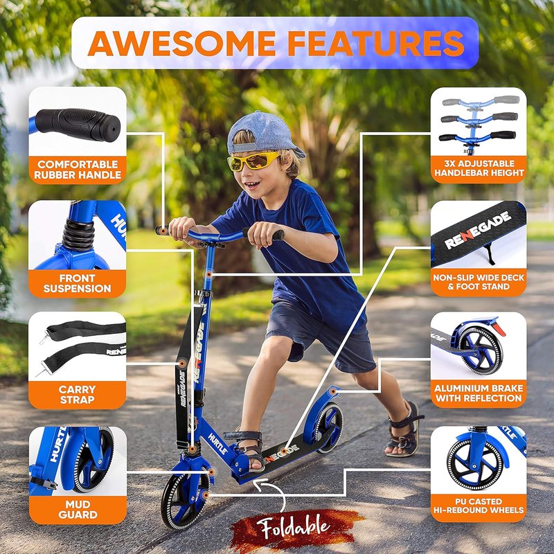 Lightweight and Foldable Kick Scooter - Adjustable Scooter for Teens and Adult, Alloy Deck with High Impact Wheels (Blue)