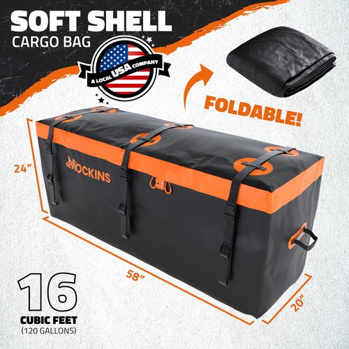 Mockins 16 Cu.Ft. Trailer Hitch Cargo Carrier Bag | 58"x20"x24" Abrasion-Resistant Vinyl Cargo Bag for Hitch Carrier | Waterproof Truck Bed Storage Set w/Buckle Straps, Combination Lock & Carry Case