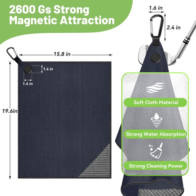 2 Pack Magnetic Golf Towels with Clips, Steel Wire Cleaning Cloth, Ultra Absorbent Microfiber, Waffle Pattern Golf Towel with Magnet for Men Women, Golf Accessories for Golf Bags, Carts or Clubs