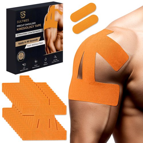 Kinesiology Tape for Shoulder | 15 Precut Strips + 2 Free Test Patches for Pain Relief, Muscle Support & Rotator Cuff | Waterproof, Sweatproof, Breathable, Long Lasting Grip