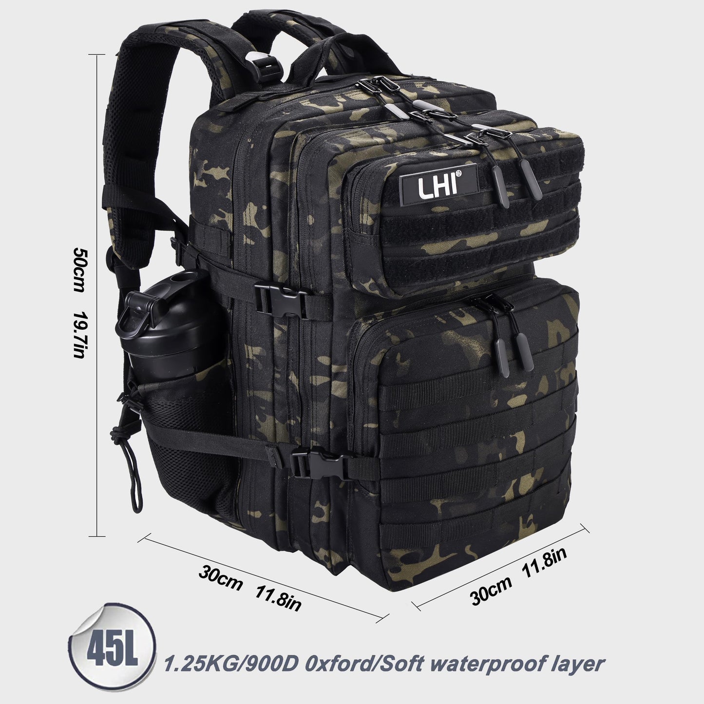 LHI Military Tactical Backpack for Men and Women 45L Army 3 Days Assault Pack Bag Large Rucksack with Shoe Compartment - Black CP