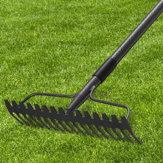 49'' Bow Rake ，17 Tines Metal Head Rakes with Stainless Steel Handle，Heavy Duty Garden Rake for Loosening Soil Gathering Leaf Leveling Lawn Farming Land Management Yarn Thatch Rake