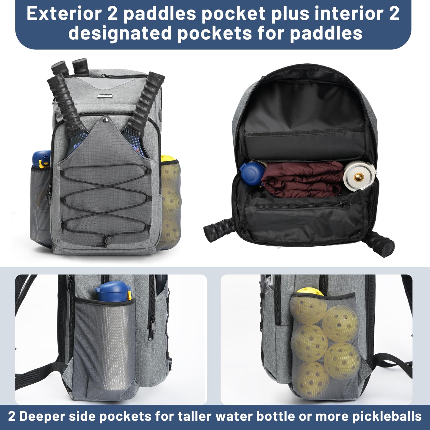 DerHutzucker Pickleball Bag - Men's & Women's Pickleball Backpack, Adjustable Sling Bag with Large Capacity/Safety Pocket Ventilated Racket Compartments, Gray