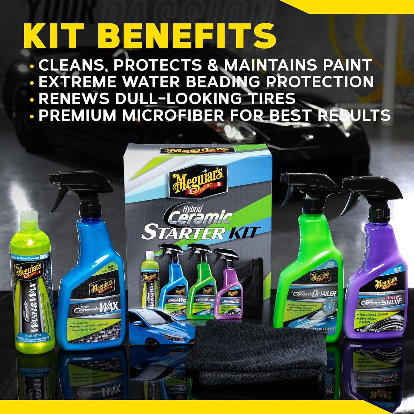 Meguiar’s Hybrid Ceramic Starter Kit | Premium Car Detailing Set with Wash, Wax, Detailer & Tire Shine