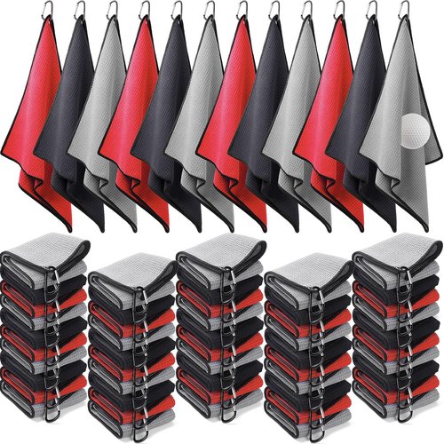 Batiyeer Golf Towels Bulk for Bags, 16"x16" Microfiber Waffle Pattern Golf Towel with Clip for Tournament, Club, Fitness(Black,Gray,Red,50 Pcs)