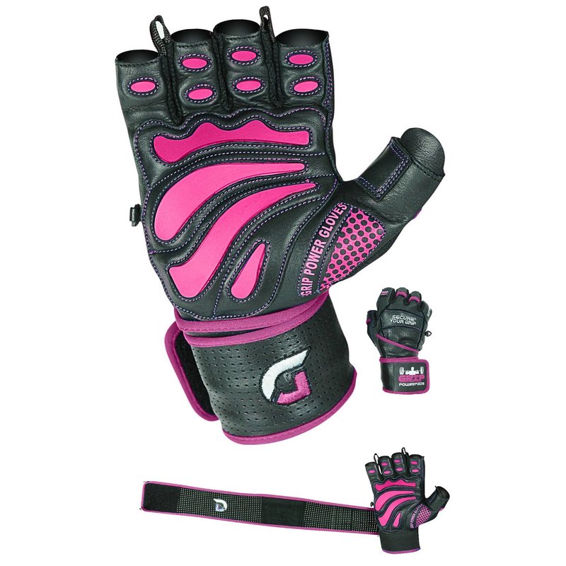 Grip Power Pads Women's Elite Leather Gym Gloves, 2" Wrist Wraps, Pink Fitness, Workout Training Gloves (Pink, Medium)