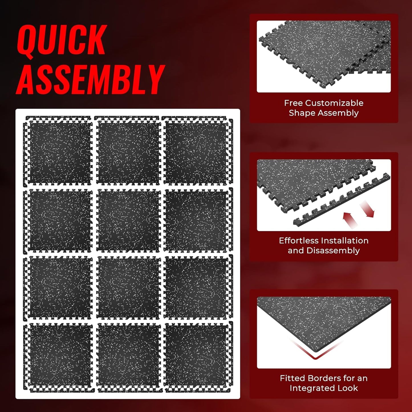 SUPERJARE Rubber Top Exercise Mats - 12 Pcs, 48 Sq Ft High Density EVA Foam Interlocking Gym Flooring | Black/Grey