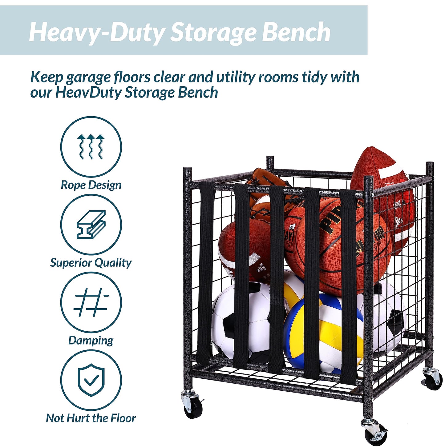 Fitvids Sports Equipment Organizer – Ball Storage Cart with Baskets and Hooks – Organizer with Straps – Black