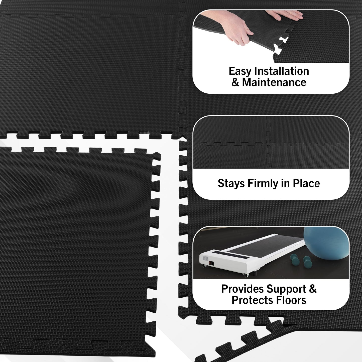 EVA Foam Mat Tiles 18-Pack - 72 SQ FT of Interlocking Padding for Garage, Playroom, or Gym Flooring - Exercise Mat or Baby Playmat by Stalwart (Black)