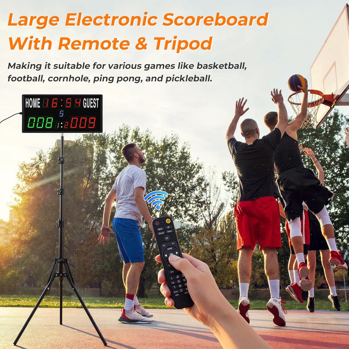 Upgraded Electronic Scoreboard - Digital Score Keeper with Remote & Tripod | Real-Time Timer for Basketball, Football, Cornhole & Table Tennis