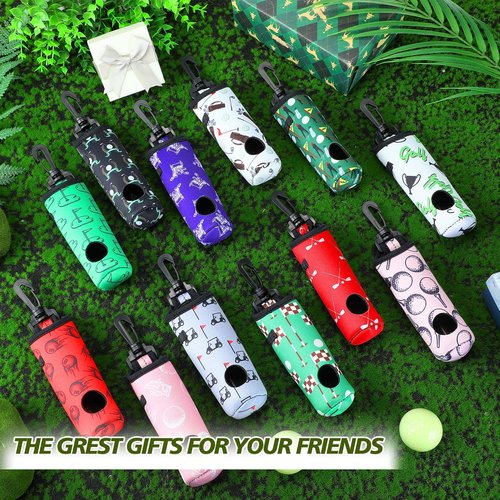 Jerify 12 Pieces Golf Ball Holder Soft Carry Bag with Tee Holder Keychain Belt Clip Hook Portable Golf Accessories for Women Ladies Golfer Pouch Gifts, 12 Styles