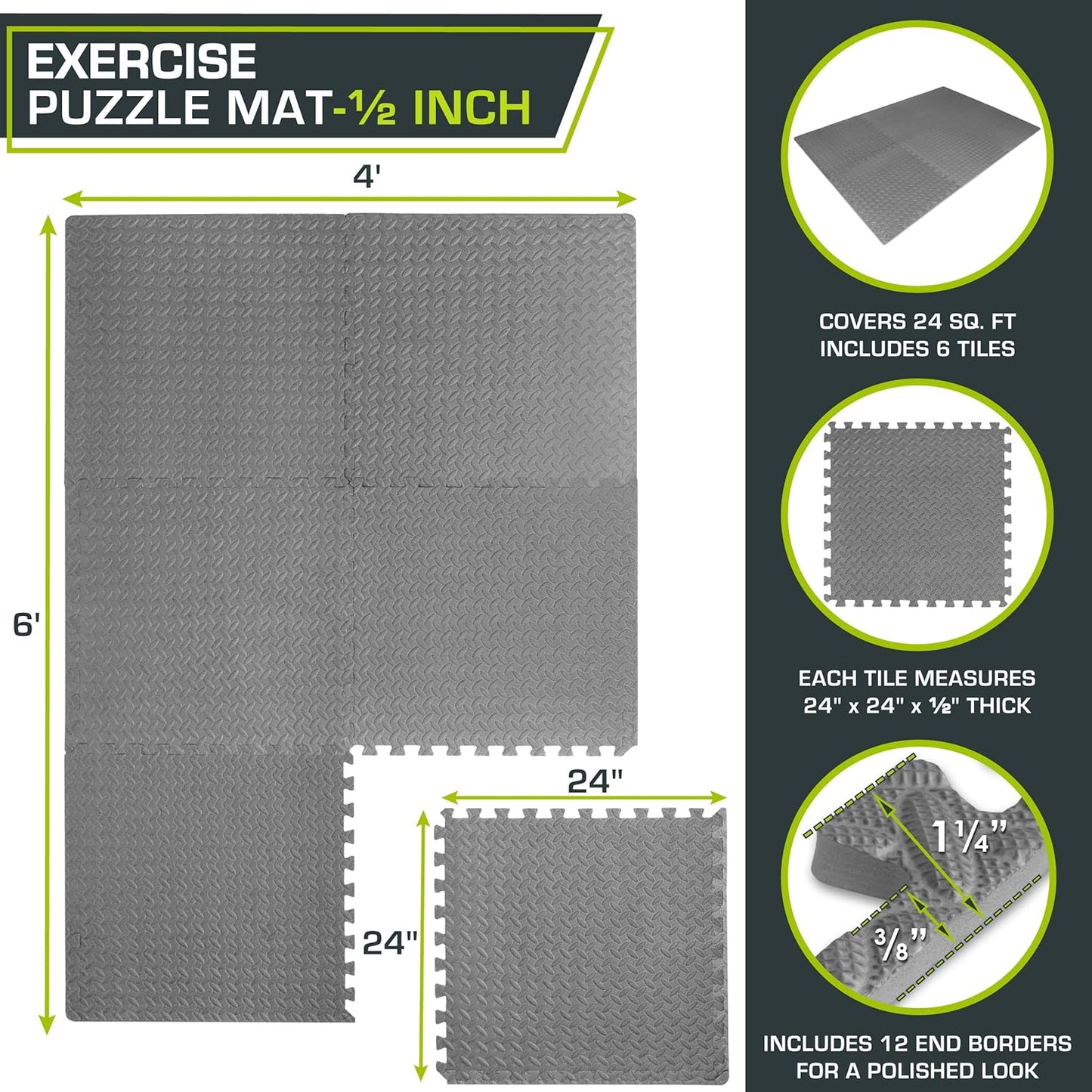 ProsourceFit Puzzle Exercise Mat - EVA Interlocking Foam Tiles for Home Gym | Grey, 24" x 24" x ½" - 6 Tiles