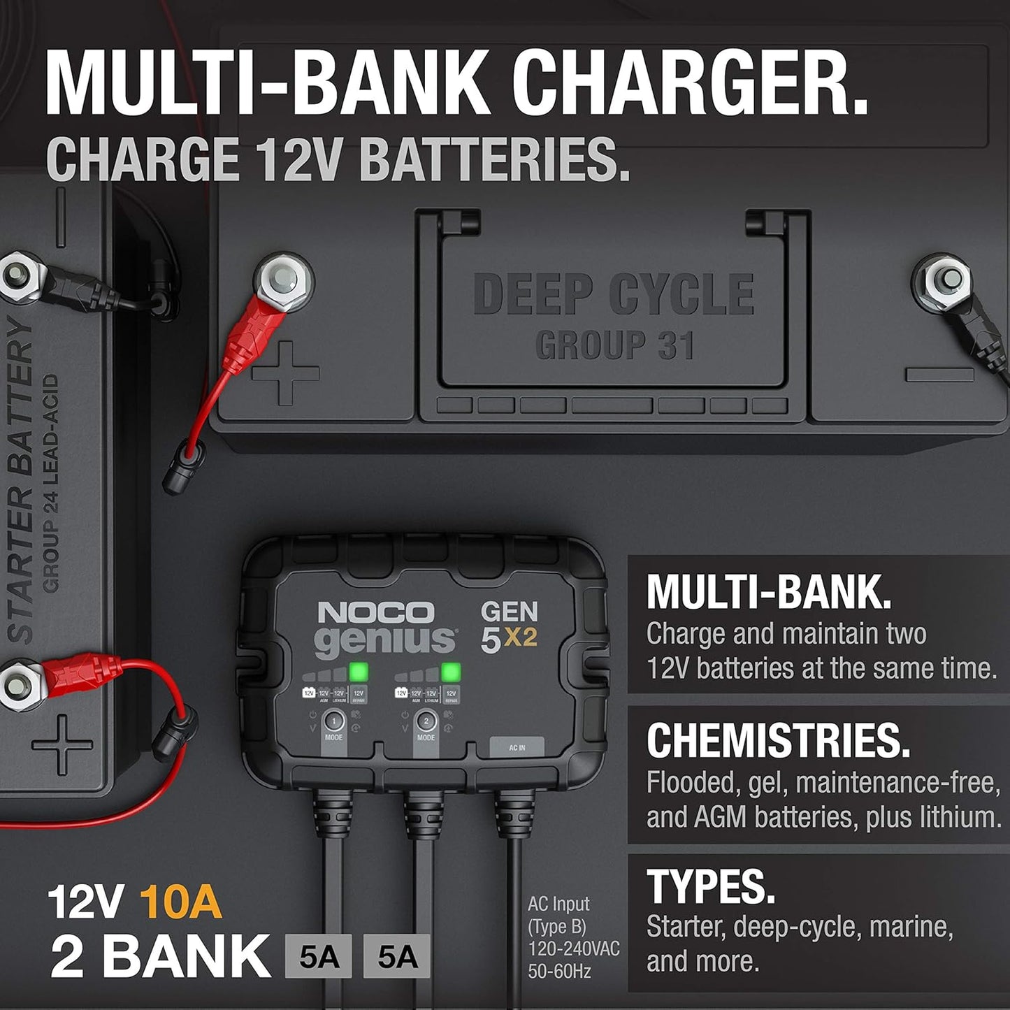 NOCO Genius GEN5X2 Onboard Battery Charger - 10A Dual Bank, 12V Waterproof with Overcharge Protection & Temperature Compensation
