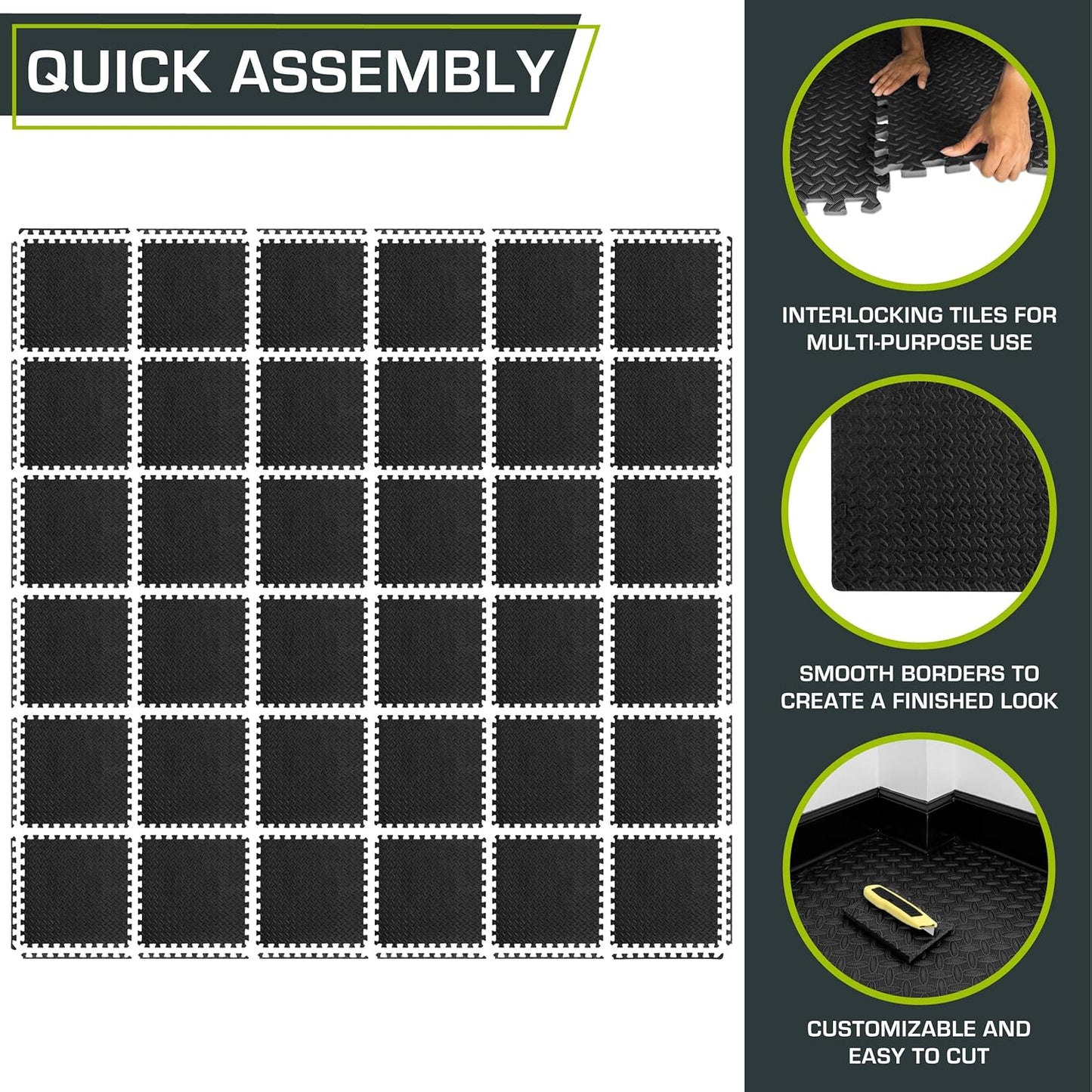 ProsourceFit Puzzle Exercise Mat - Water-Resistant EVA Foam Tiles for Home Gym | Black, 24" x 24" x ½" - 36 Tiles, 144 Sq Ft
