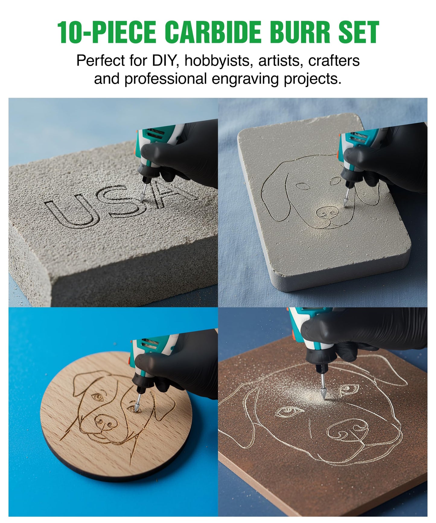 1/8" Carbide Burr Set – 10 Pcs Double Cut Die Grinder Bits for Milling, Carving, Engraving, Drilling Wood & Metals – YG-8x Carbide Drill Bit Set for Rotary Tools & Die Grinders