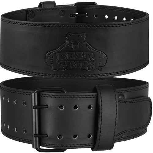 Bear Grips 5mm Leather Weightlifting Belt for Men & Women, Premium Leather with Carrying Case, Double Prong Powerlifting Belt for Squats, Deadlifts, Gym, Stealth Black, X-Large