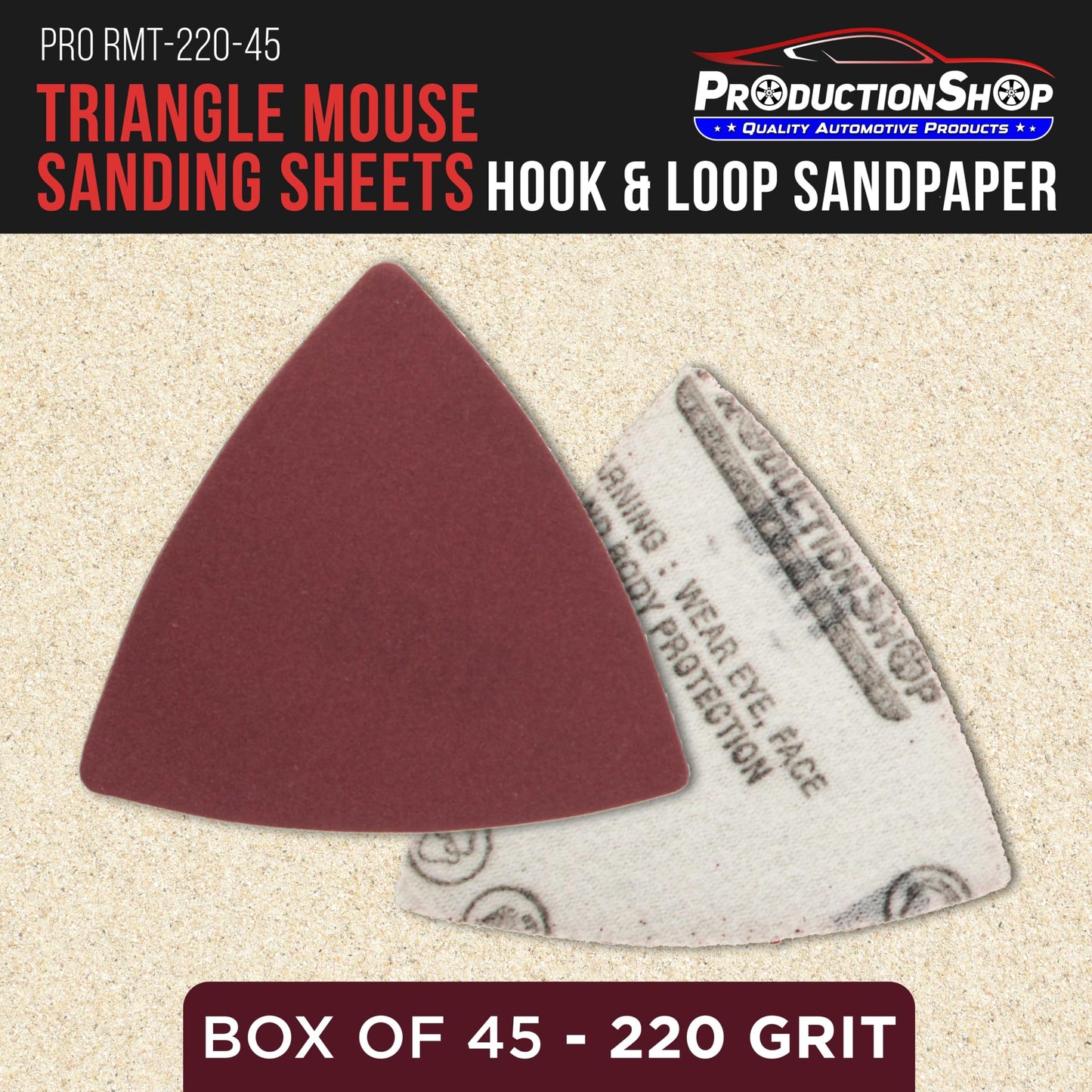 ProductionShop Premium 220 Grit Triangle Mouse Detail Sander Sandpaper Sheets, Box of 45 - Hook & Loop, Triangular Shaped Mouse Disc Pads - Oscillating Multi-Tools - Woodworking, Sand Furniture Paint