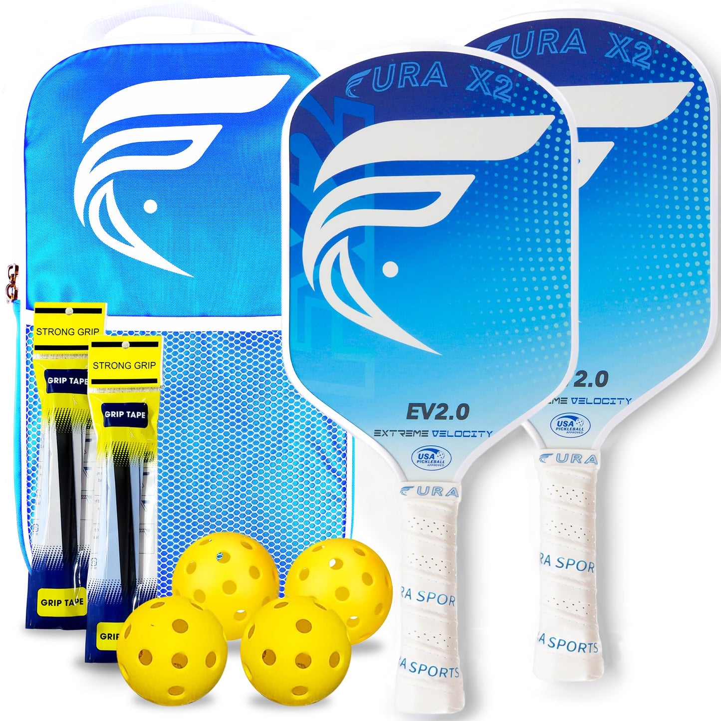 FURA Pickleball Paddle Set of 2 – USAPA Approved Lightweight Graphite Pickleball Rackets with 16mm Honeycomb Core & MaxGrit Spin Surface for Superior Spin & Control – Includes Bag, Balls & Grips