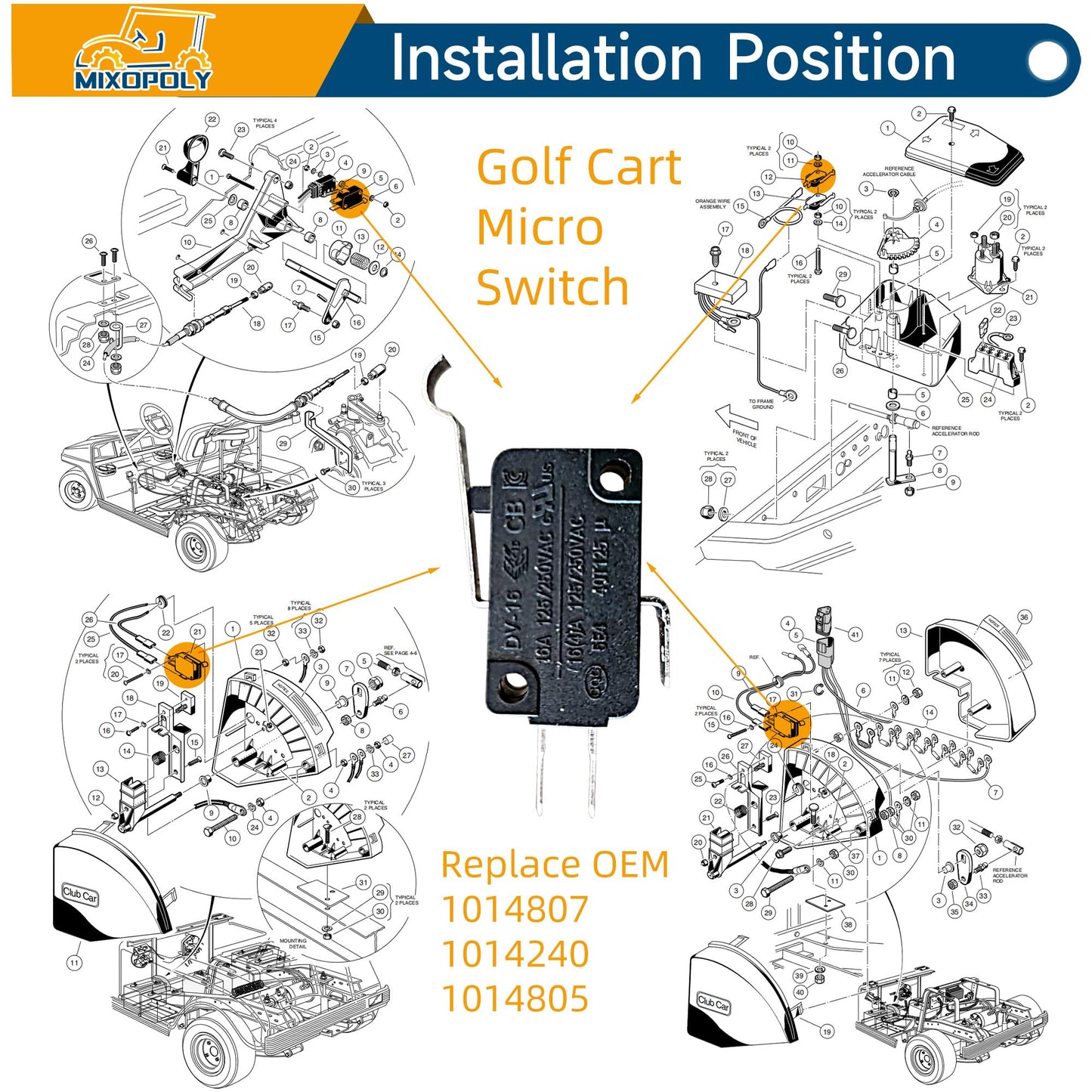 Mixopoly 3 Prong Terminal Golf Cart Micro Switch for Club Car DS and Precedent 1982-up, Replace OEM 1014807, 1014240, 1014805