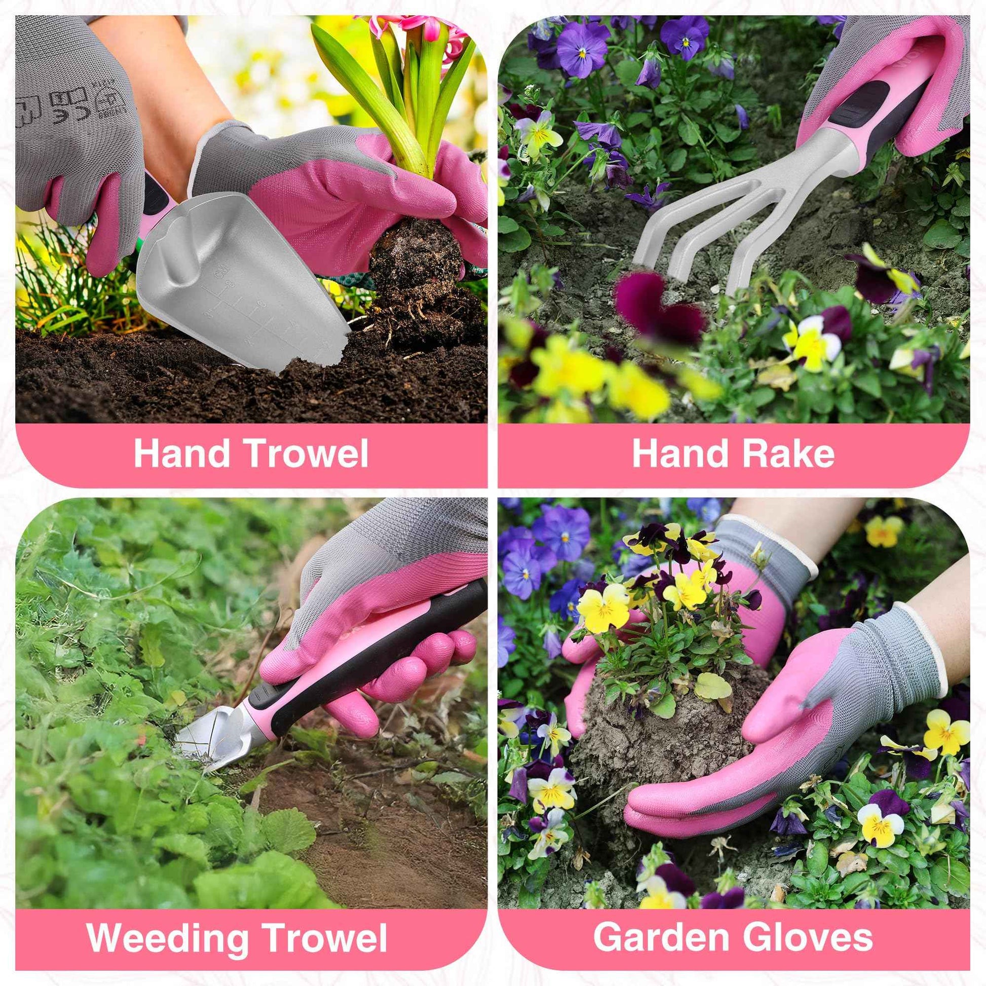 WORKPRO 5PCS Garden Tool Set, Powder Coating Compact Aluminum Gardening Tool Set with Repotting Mat, Outdoor Garden Hand Tools, Ideal Gardening Gift, Pink Ribbon