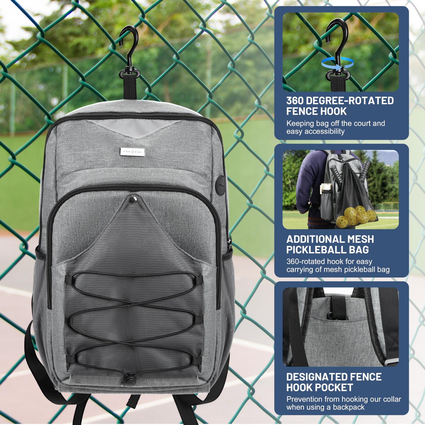 DerHutzucker Pickleball Bag - Men's & Women's Pickleball Backpack, Adjustable Sling Bag with Large Capacity/Safety Pocket Ventilated Racket Compartments, Gray