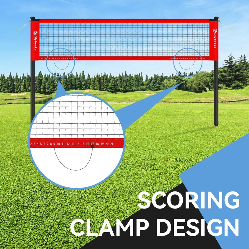 12FT Space-Saving Badminton Net Set - Durable Anti-Sag Net, Heavy Duty Poles, 2 Lightweight Rackets, 3 Shuttlecocks, Easy-Carry Bag - Stable for Backyard/Indoor/Beach (Red, 12ft)