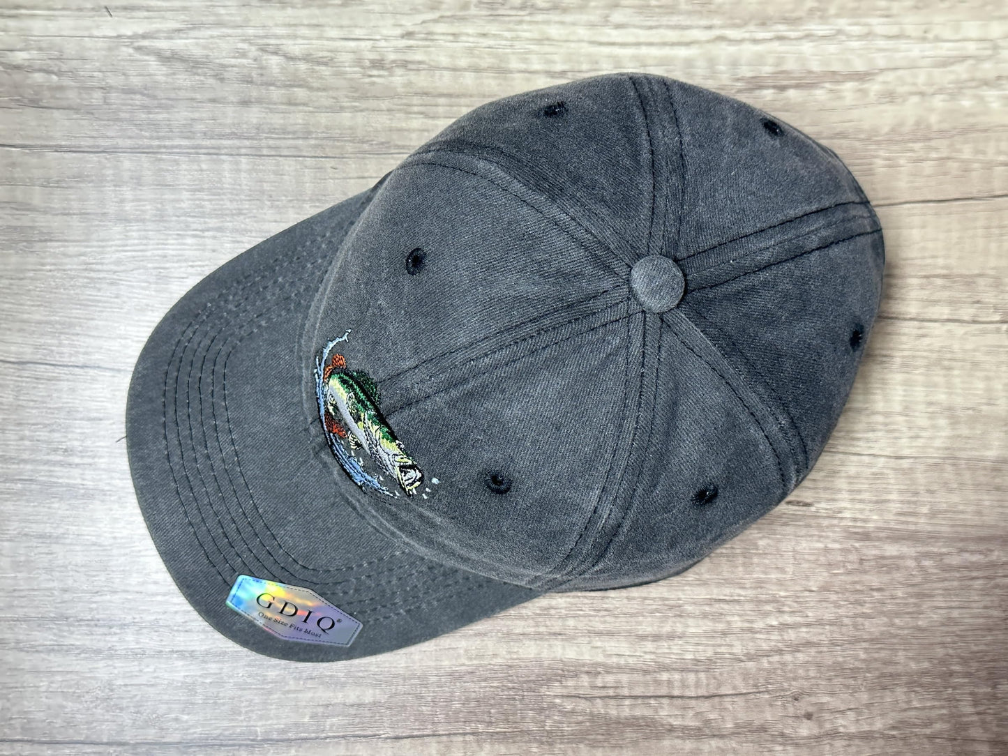 GDIQ Bass Fishing Hat, Gifts for Fisherman Angler Fish Lover, Boating Camping Outdoor Embroidered Baseball Cap, Adjustable Washed Black Dad Hat