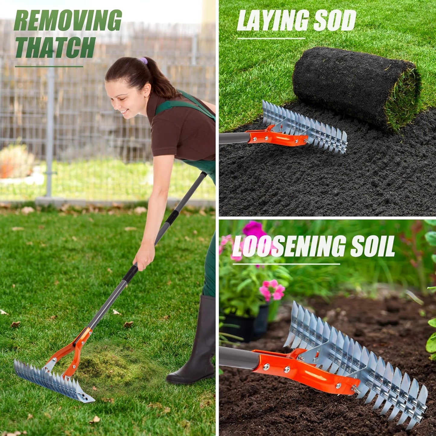 15-Inch Thatch Rake - Durable Steel Dethatcher for Lawn & Garden Care