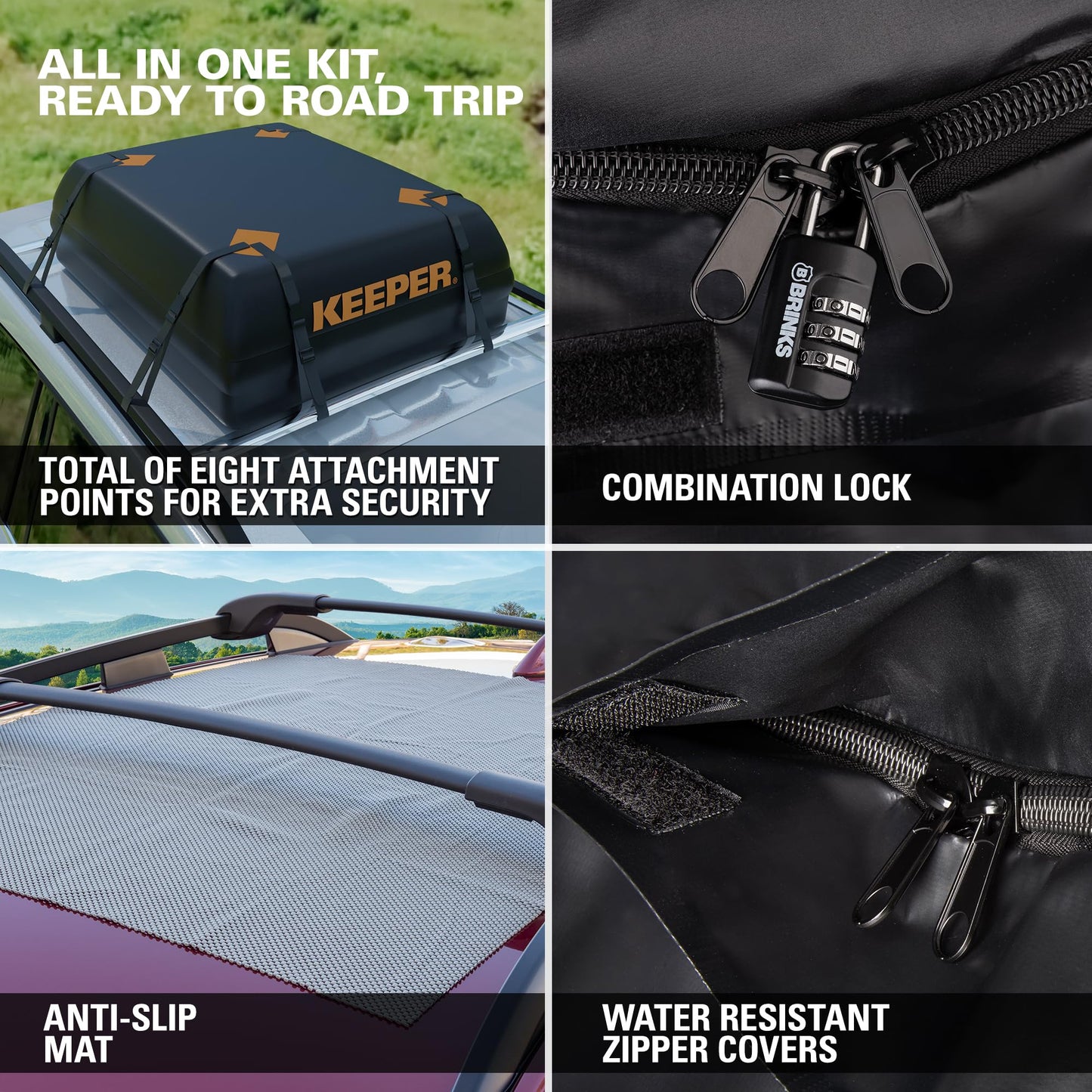 Keeper 15 Cubic Feet Rooftop Cargo Carrier Bag, Weatherproof for Top of Car, for All Vehicles Roof Rack, Accessories Include Anti-Slip Mat + Bonus Luggage Lock