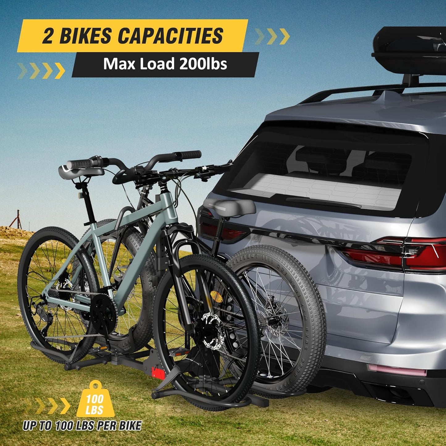 Skiennix Hitch Bike Rack - Wobble-Free Smart Tilting Design | 2-Bike Capacity, 200 lbs, Fits Standard & Fat Tire E-Bikes