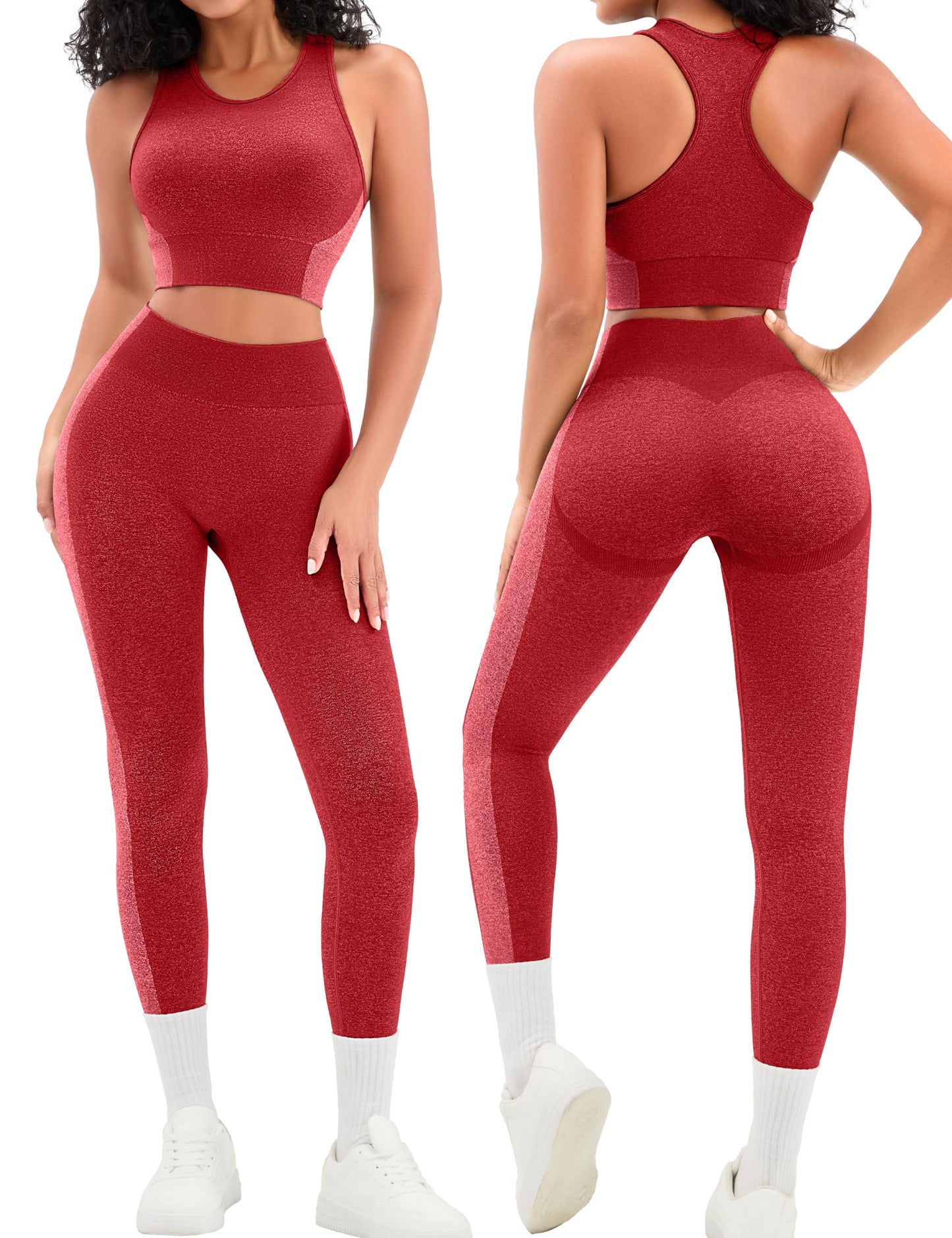 Relety Womens Workout Sets 2 Piece Seamless Padded Raceback Sports Bra Butt Lifting Leggings Color Block Gym Yoga Outfits - Red Large