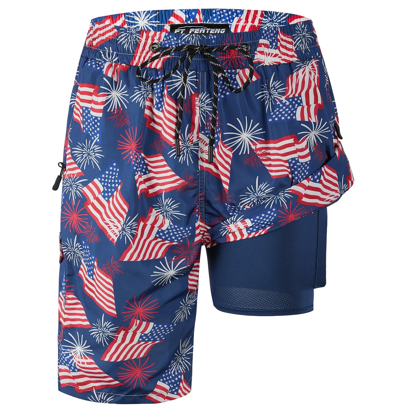 Mens Swim Trunks with Boxer Brief Compression Liner, Navy American Flag Men Bathing Suit Swimming Trunks 9" Zipper Pockets Board Shorts Men's Swimwear, Quick Dry Beach Shorts Swimsuits, XL