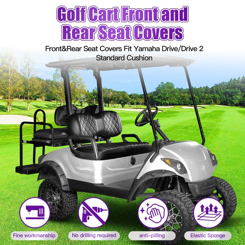PZWLI 4PCS Golf Cart Seat Covers Kit with Pocket,Front and Rear Vinyl Replacement Seat Cover for Yamaha Drive/Drive2 Standard Cushion,No Stapler, Black