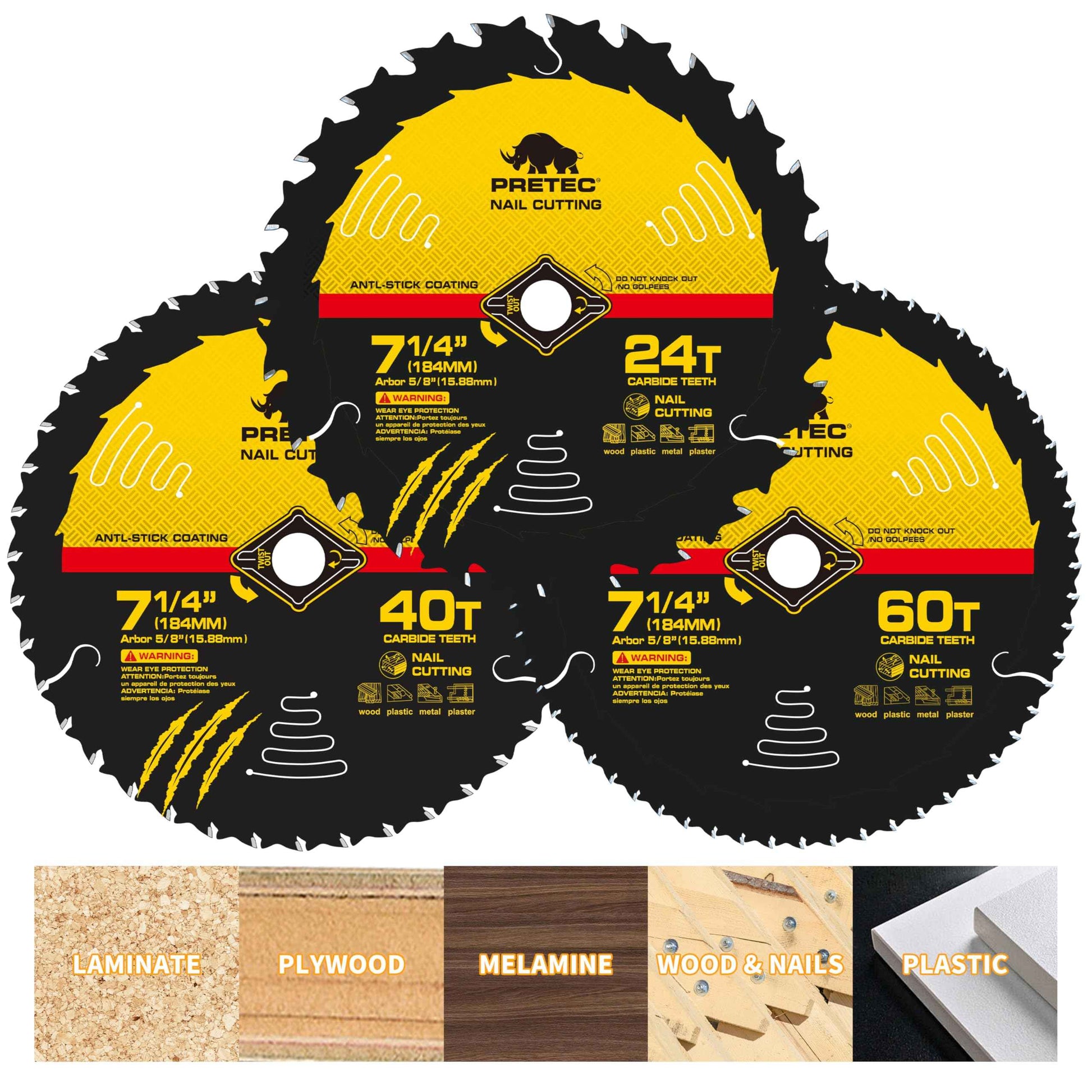 7 1/4“ Circular Saw Blade, 24T&40T&60T ATB Circular Saw Blade Fine Finish, 5/8" Arbor, TCT, Anti-Vibration, Teflon Anti-Stick, Miter Saws Blades for Wood, MDF, OSB, Laminated, Plywood (3Pack)