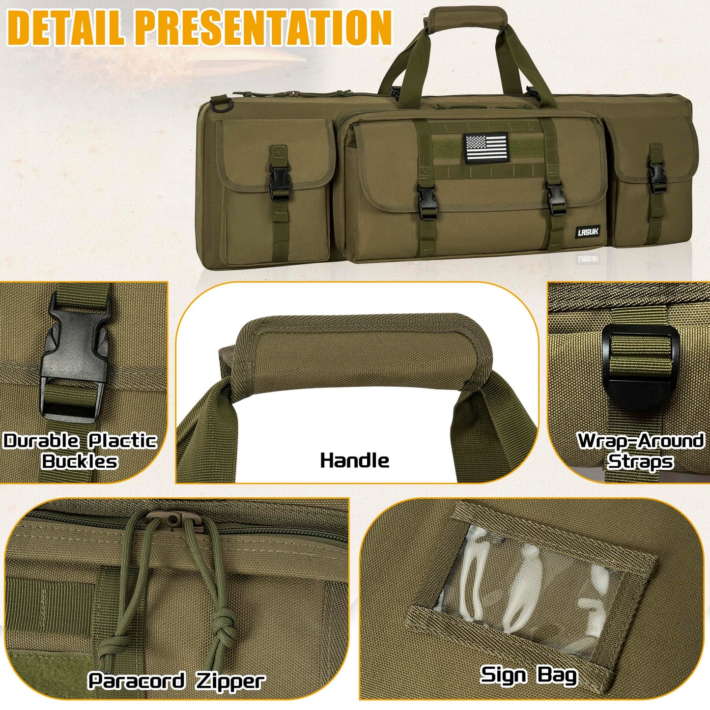 LASUK 46" Double Rifle Case, Long Double Rifle Gun Bag for Firearm Storage and Transportation, Perfect for Indoor/Outdoor Shooting (Green)