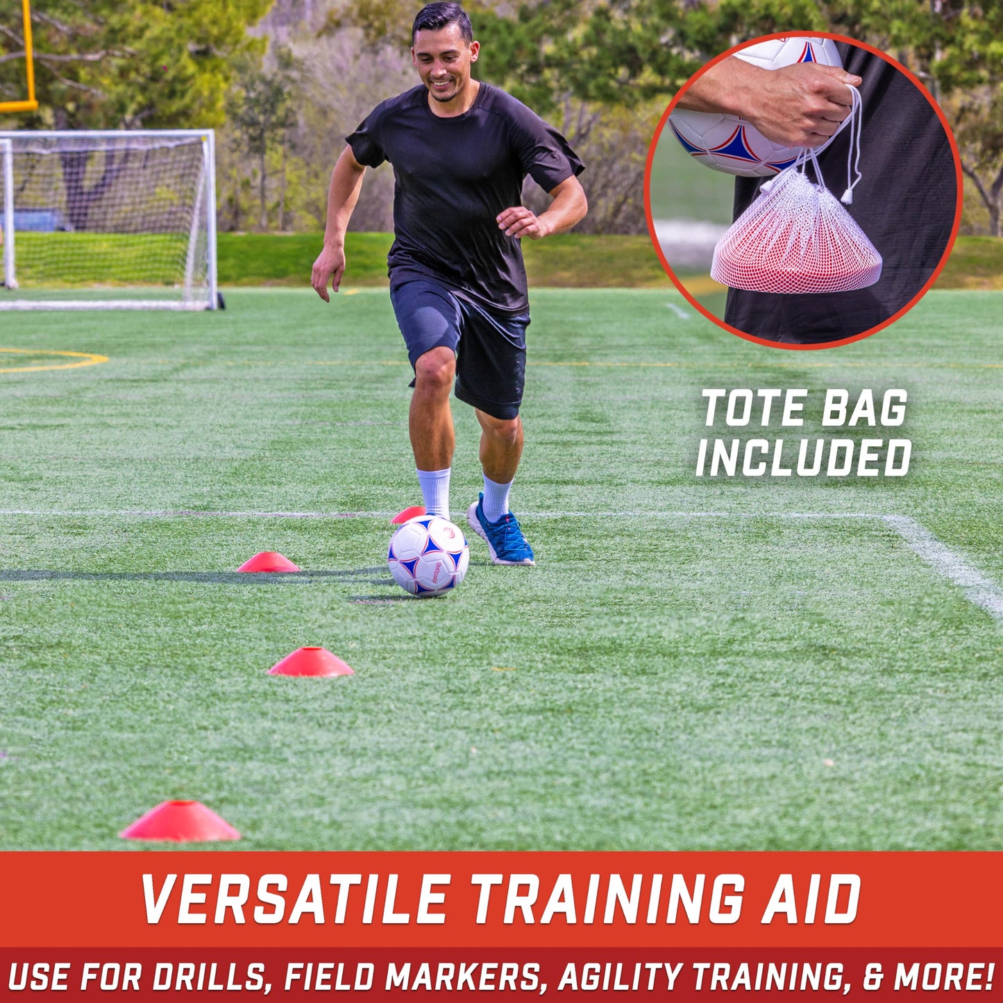 GoSports Premium Sports Cones for Agility Training and Drills - 20 Pack with Tote - Red