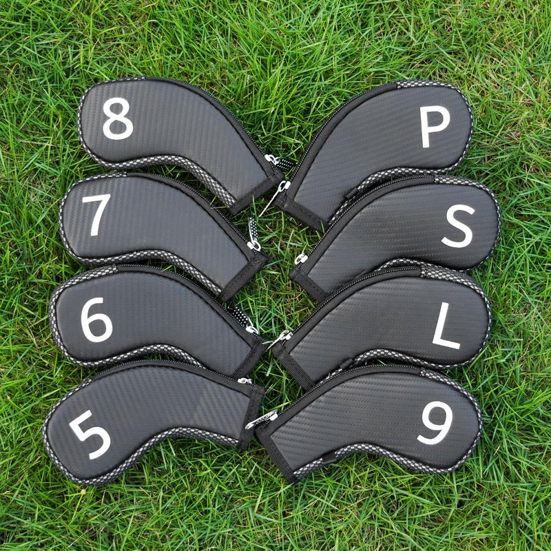 Craftsman Golf 10pcs/Set Golf Iron Club Head Covers Headcovers Set White Large No. on Both Sides Zipper Meshy & PU Leather for Right and Left Golfer