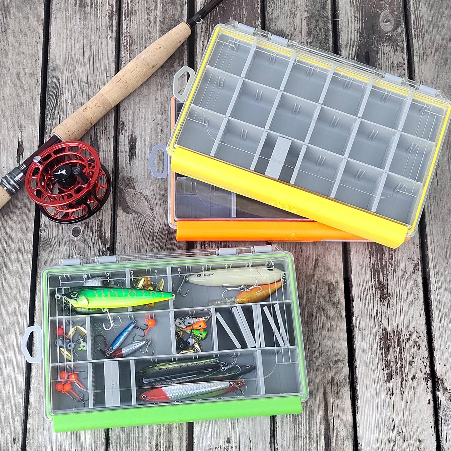 Aventik Waterproof Fishing Tackle Box Organizer with Removable Dividers Sturdy Lure Storage Box and Terminal Tackle Storage 3600/3700 Tackle Trays (Yellow(2), 3700-13.98x8.86x2.2inch)